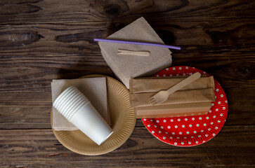 Modern, disposable, eco-friendly tableware and napkins close-up