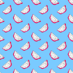 Sweet fresh slice of dragon fruit. Colorful fresh pitaya. Exotic pitahaya seamless pattern. Vegetarian organic summer dessert. Vector cactus.