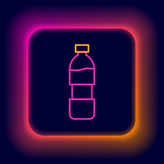 Obraz premium Glowing neon line Bottle of water icon isolated on black background. Soda aqua drink sign. Colorful outline concept. Vector
