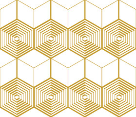 Hexagon with striped thick and thin fill and 3d cube shapes in a repeating gold colored outline pattern. Geometric vector illustration.