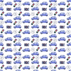 Watercolor seamless pattern with cars, road signs, maps and traffic lights