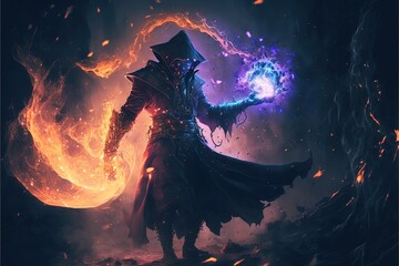Battlemage in fantasy setting, powerful spell casting by sorcerer wearing mystical medieval outfit for game character design in epic lighting fire ball. Magical warrior concept. Superb Generative AI.