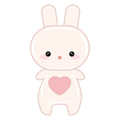 Standing cute, kawaii, cartoon white bunny with a heart, decor element, wallpaper, wrapper, packaging, greeting card, textile, poster, background