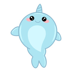 Blue funny cartoon kawaii playing narwhal baby element for decor, wallpaper, wrapper, packaging, greeting card, textile, poster, background