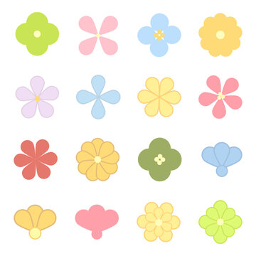 set of beautiful, cute, bright, cartoon flowers in retro style, decor element, wallpaper, wrapper, packaging, greeting card, fabric, poster, background