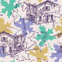 Forest cabin and maple leaf seamless pattern