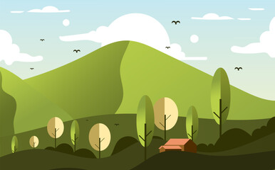 Vector illustration of bright green mountain landscape, many trees.background