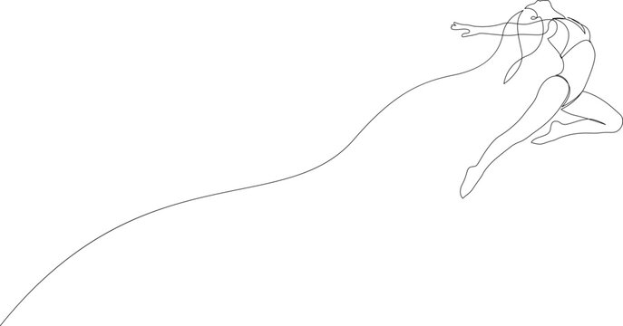 One single line drawing of young beauty dancer woman on jumping exercise. Choreographic move concept. Flight, passion modern continuous line draw design. Vector illustration.