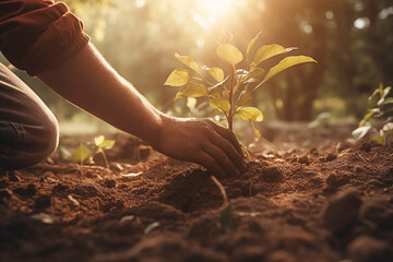 a person plants a tree or other plant in the ground in nature, hand and young plant. Generative AI