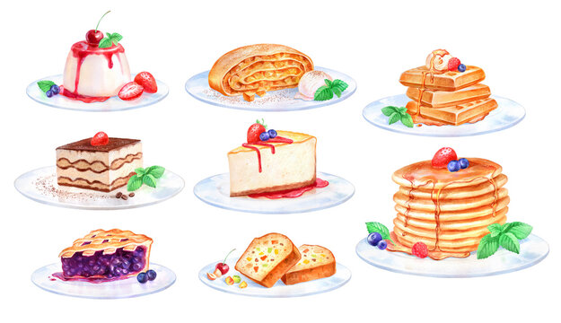Hand painted watercolor illustration set of Desserts on plate