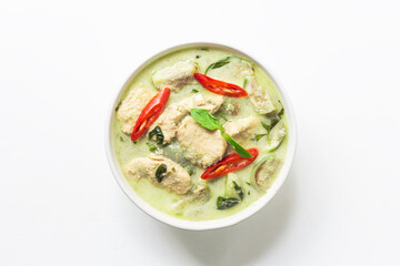 Chicken curry is the original food culture of Thailand in bowl on white wood background.