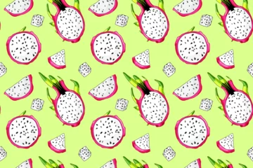 Fotobehang Fresh pitaya slice. Sweet beautiful dragon fruit pattern. Colorful tropical seamless fabric design. Organic pitahaya ingridient. Summer green background © Arhipteia