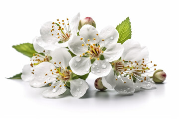 A branch of a cherry tree with green leaves and white flowers
