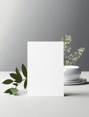 Minimalist vertical white blank of paper mockup on table with leaves. Simple empty 4x6 card for table number template. Generative AI - 591161312