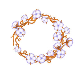 Round frame blooming cotton buds branches Vintage botanical flower frame Borders and frames of dried cotton plants Flower wreath hand drawn illustration Template decorating wedding invitations cards