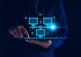 Smart data exchange technology, Data transfer, Cloud network connects to internet server of business. Online data storage and cyber security. Cloud syncing technology. Cloud computing internet network