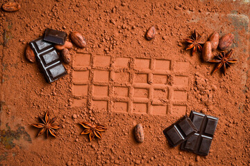 Cocoa beans. Ground cocoa powder for making chocolate. Cocoa beans. Top view.