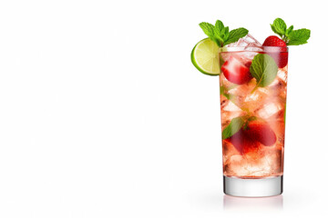 Red strawberry mojito with berries, lime slices and ice, on a white background. Generative AI, generative artificial intelligence