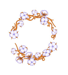 Round frame blooming cotton buds branches Vintage botanical flower frame Borders and frames of dried cotton plants Flower wreath hand drawn illustration Template decorating wedding invitations cards