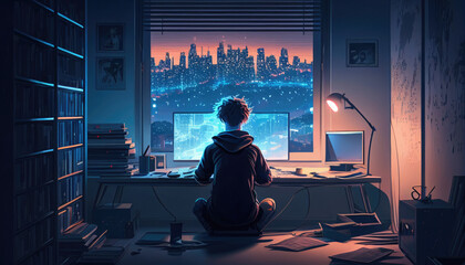 anime style boy programming on computer in his room with big window with nice view of the city landscape. Relaxed colorful apartment, tranquil digital painting - obrazy, fototapety, plakaty