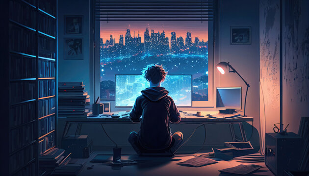 anime style boy programming on computer in his room with big window with nice view of the city landscape. Relaxed colorful apartment, tranquil digital painting