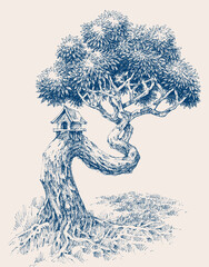 A twisted trunk tree with a bird house drawing - 591162909