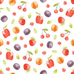 Watercolor seamless pattern with fruits and berries. Hand-drawn texture with cherries, apples, plums, apricots and strawberries for textile or wrapping paper
