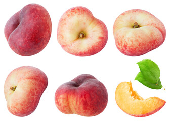 Isolated flat peaches. Collection of round (donut) peach fruit in different angles with leaves isolated on white background with clipping path