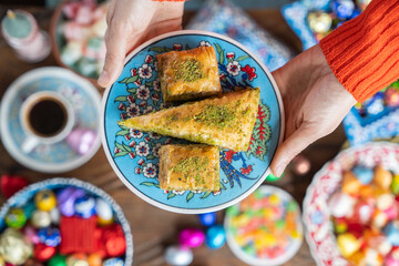 Turkish Baklava with Pistachio in Colorful Ramadan Bayram Candy, Traditional Ottoman Candy (Ottoman Akide Candy) Photograph, Üsküdar Istanbul, Turkey