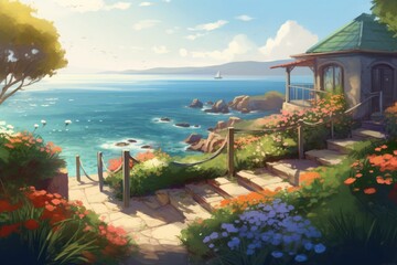There are many flowers in the beautiful garden overlooking the blue sea, Generative AI