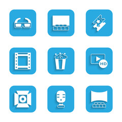 Set Popcorn in cardboard box, Microphone, Cinema auditorium with screen, Hd movie, tape, frame, Movie spotlight, Play video, ticket and 3D cinema glasses icon. Vector