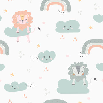 Seamless pattern with cute lion. Rainbow and cloud abstract elements. Design for kids apparel, wrapping, fabric, textile, wallpaper. Vector illustration