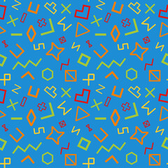 The seamless pattern in geometry art theme with geometry shape, corner, triangle, square, hexagon, cross, rectangle, heart, diamond in blue, yellow, red, green and orange color, Vector Illustration