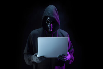 a hacker in a hoodie using a laptop computer isolated on dark background with neon light. Created with Generative AI Technology