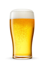 Tulip pint glass of fresh golden-colored beer with cap of foam isolated on white background.