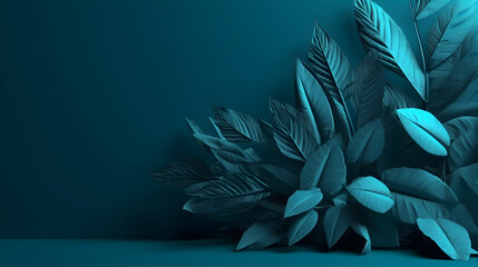 Blue tropical leaves with a blue copy space background, Generative AI