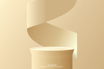 Abstract minimal wall scene. soft brown 3d cylinder pedestal stage podium with geometric shape floating on the air. platform for showcase. 3d vector rendering.