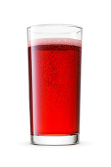 Glass of red soda soft drink isolated on white background. Taste of cherry, raspberry, grapefruit.