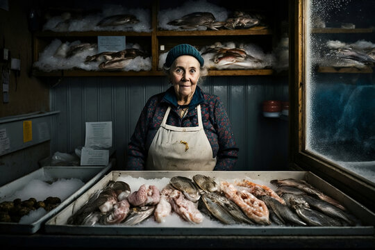 Old woman fish vendor Generative AI