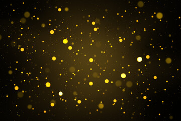 Abstract defocused lights and bokeh on dark background. Gold sparkles and glitter on black background