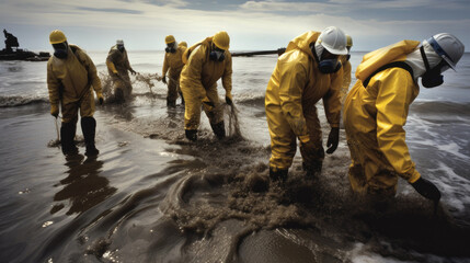 Cleaning Up After an Oil Spill. Workers in protective gear cleaning up oil spills from ship. Generative AI