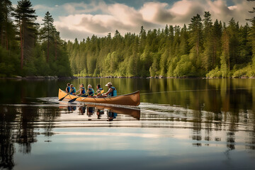 Group of teenagers canoeing on a serene lake in the Swedish wilderness, AI generative - obrazy, fototapety, plakaty