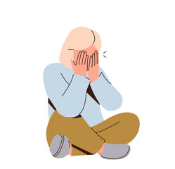 Unhappy depressed little girl crying covering eyes with palms sitting on floor vector illustration