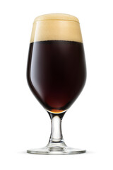 Tulip glass of fresh dark stout beer with cap of foam isolated on white background.
