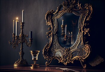 Baroque table with mirror on the wallpaper background. Generative AI