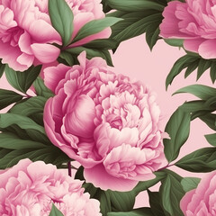 Natural flowers pink peonies with green leaves on a white background, drawing, tile. Generative AI, generative artificial intelligence