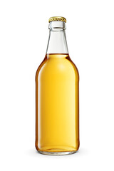 Transparent yellow beer bottle isolated on white background.