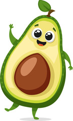 Avocado character smiling and waving on a white background.