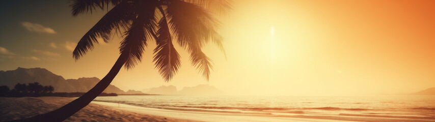 Fototapeta na wymiar Panoramic image of a Tropical beach paradise with a coconut palms tree in a white sand at sunset. Vintage photography background. Generative AI