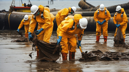 Cleaning Up After an Oil Spill. Workers in protective gear cleaning up oil spills from ship. Generative AI